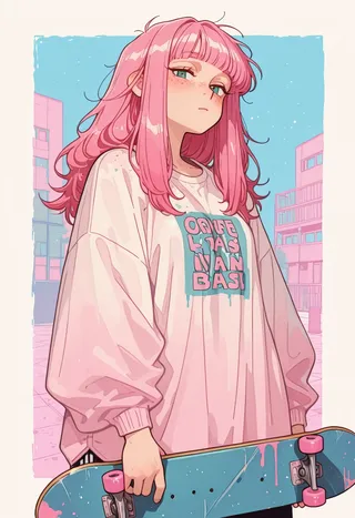 Girl with long pink messy hair and freckles wearing baggy clothes, holding a skateboard in a pastel-colored skatepark background.