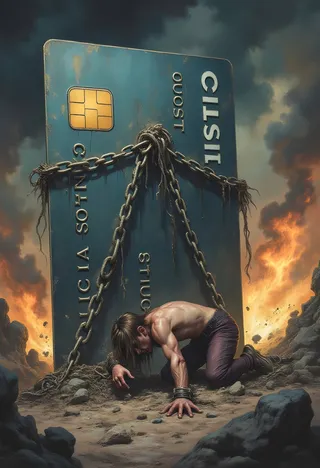 A shirtless man shackled by chains to a giant, weathered credit card, crawling on rough ground with a fiery ominous sky in the background.
