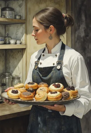 Chef woman in white coat and apron holding a tray with a variety of freshly baked pastries in a rustic kitchen setting.