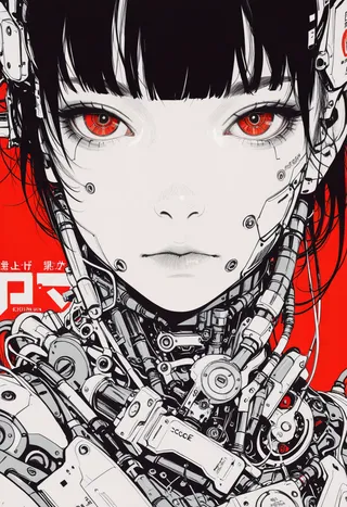 Close-up portrait of a futuristic female robot with striking red eyes, black blunt bangs, and detailed mechanical parts on a vibrant red background with Japanese text.