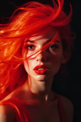 A striking portrait of a woman with vibrant flowing red hair, deep blue eyes, and glossy red lips, highlighted by dramatic lighting against a dark background.