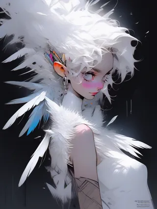 Angelicpunk style elf female with striking white feathered hair and attire, set against a dark background with volumetric lighting effects.