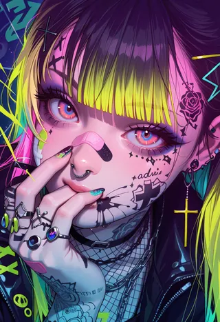 Close-up digital portrait of a cyberpunk girl with neon yellow and purple hair, multiple tattoos and piercings, wearing a black leather jacket and fishnet top, with vibrant neon background.