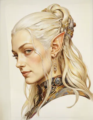 Portrait of an elven woman with platinum blonde hair styled in an elegant updo, pointed ears, wearing an elaborate ornate outfit with intricate details.