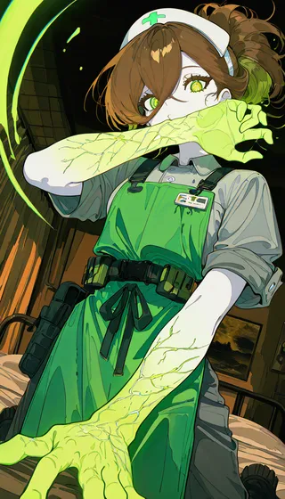 Close-up portrait of a radioactive nurse with glowing green veins on her pale skin, wearing a green apron, white nurse headband, and tactical pants indoors in a dynamic pose.