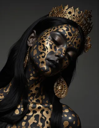 Photo-realistic portrait of a woman with black skin adorned with intricate gold leopard print face paint, wearing an ornate gold crown and large gold earrings, eyes closed.