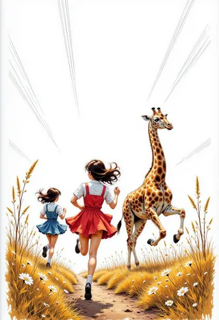 Illustration of two girls and a giraffe running along a grassy path with speed lines in comic book style