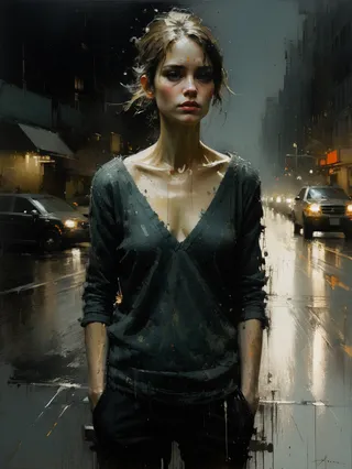 A highly detailed textured painting of a young woman standing on a rainy urban street at night, with rough brushstrokes and splashes of paint on dark paper.