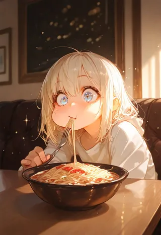 A cute cartoon girl with blonde hair and large sparkling eyes eating spaghetti with a fork in a warmly lit living room.