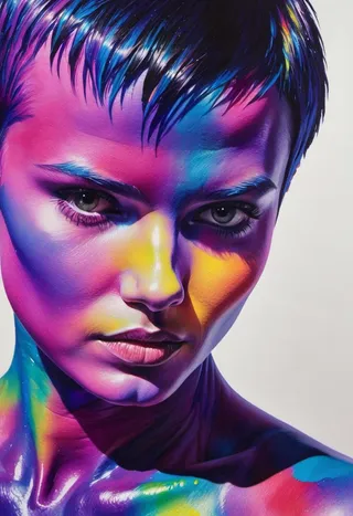 Close-up watercolor painting of a model with very-short pixie-cut hair, intricate psychedelic neon body paint in vibrant colors, and detailed skin, set against a dark background.