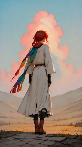 A red-haired girl with braided hair stands on a hill, wearing a long coat and a flowing rainbow scarf, gazing at a dramatic colorful sky painted in expressionist style.