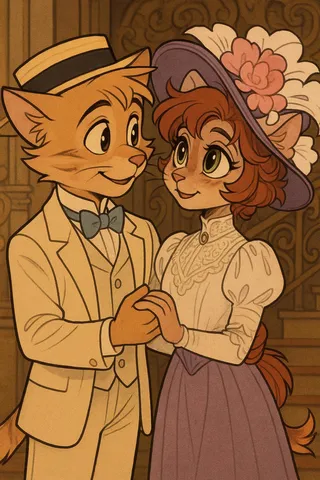 Cartoon anthropomorphic cats Calvin 'Freckle' Allen McMurray and Ivy Pepper in vintage Hello Dolly outfits, gazing lovingly and holding hands.