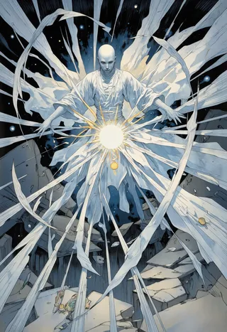 A spectral monk with outstretched arms levitates above shattered ground, surrounded by dynamic ribbons of light and dark blue inky background inspired by woodblock prints and Evangelion's energetic blur.