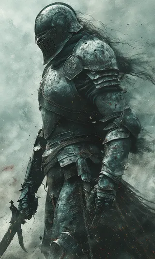 Side view of a dark warrior wearing battle armor in a post apocalyptic digital art style, with eerie and dynamic effects