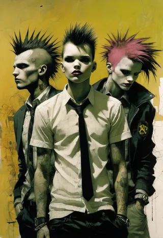 Three young individuals with mohawk hairstyles dressed in preppy punk attire, illustrated in a palette knife style reminiscent of Dave McKean.