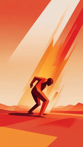 Minimalist geometric illustration showing a person collapsing to the ground amid intense heat with warm reds, oranges, and yellows in an abstract fiery background.