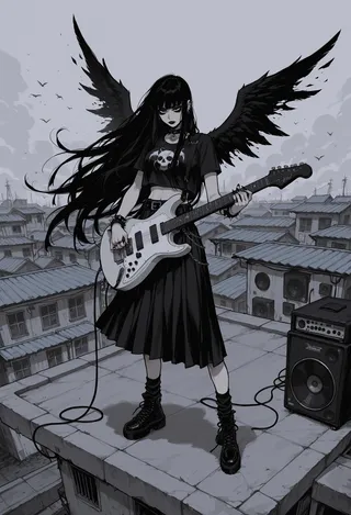 Dark goth girl with long flowing hair and black wings playing an electric guitar on a rooftop, surrounded by amplifiers and a trailer park background.