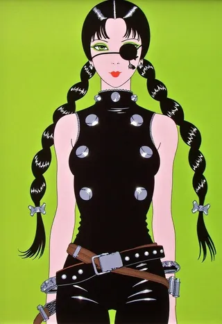 Stylized East Asian woman from waist up wearing a tight black latex top with large silver studs, an oversized matte black eyepatch, and dual glossy braided hair against a fluorescent green background.