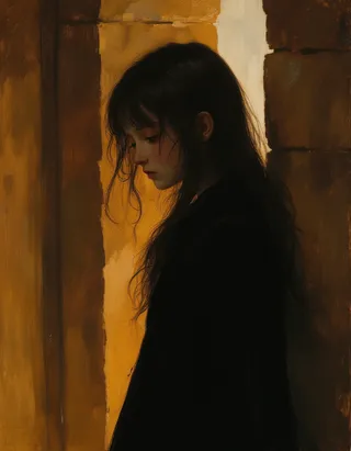 Oil painting of a pale, petite gothic vampire princess with long dark hair standing inside a medieval church, illuminated by warm light in the style of Rembrandt.