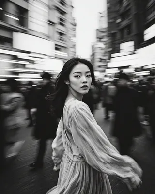 High-contrast black and white image of a young Asian woman in a flowing dress turning to face the camera amidst a blurred, bustling urban crowd, showcasing dynamic motion blur and overexposure effects.