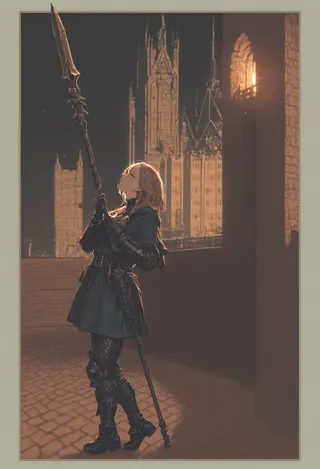 A female knight stands in a dark medieval gothic courtyard, holding a tall polearm upwards with backlit cathedral spires glowing warmly behind her.
