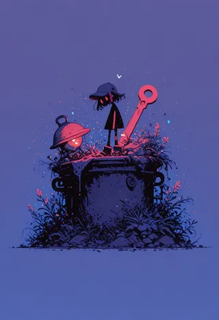 Flat vector illustration of a girl wearing a pot as a helmet and holding a large red wrench, standing on a trashcan surrounded by plants and particles with a trashcan lid shield nearby