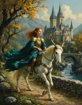 A radiant young elf knight with flowing red hair in golden historical full plate armor rides a majestic white stag with antlers along a forest path, with a magical castle in the background.