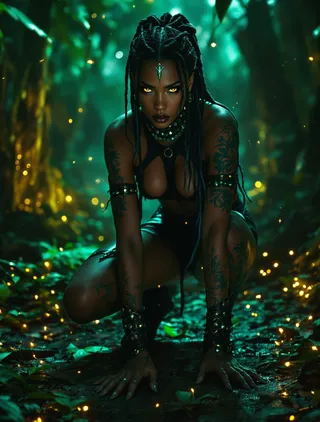 A crouched jungle rogue with glowing amber eyes, midnight-indigo dreadlocks with emerald rings, wearing a black latex crop-top and vine-cut leather skirt in a misty emerald jungle lit by fireflies.