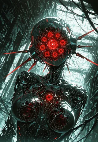 Portrait of a damaged robot girl with a metal body and glowing red circular components on her head and chest, set against a dark, tangled background.
