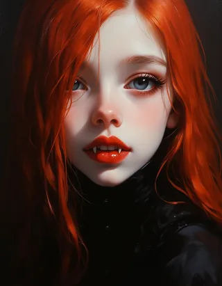 Close-up oil painting of a serene vampire girl with long red hair, blue eyes, pale skin, sharp white fangs, and a black corseted dress in a gothic Rembrandt style.