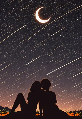 Silhouette of a couple sitting closely together, gazing at a starry night sky with a prominent crescent moon and numerous shooting stars, rendered in a warm papercut art style.