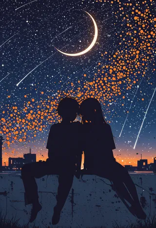 Silhouette of a couple sitting close together on a rooftop at sunset, with a crescent moon, shooting stars, and a starry night sky in papercut art style.