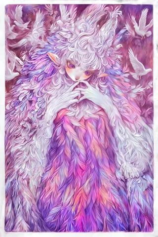 A tall female figure with animal ears, adorned in a flowing feather dress with pearlescent colors of purple, pink, and white, surrounded by flying white doves and a mystical feathered background.