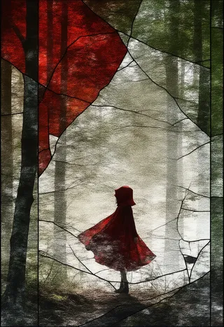 A stained-glass Cubist style depiction of Little Red Riding Hood standing in a forest, featuring fractured geometric shards and volumetric lighting with deep reds, greens, and blacks.