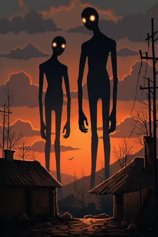 Two towering shadowy figures with glowing eyes stand over a desolate urban landscape at sunset, with a dramatic sky of orange and purple hues.