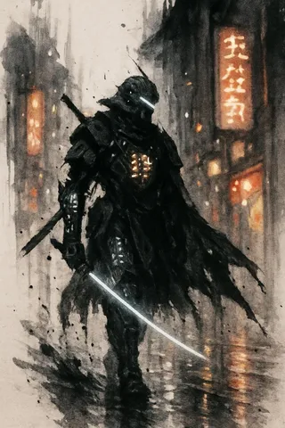 A cybernetic samurai clad in futuristic armor walks through a rain-soaked alley with neon-lit kanji signs illuminating the misty surroundings, wielding a glowing katana.