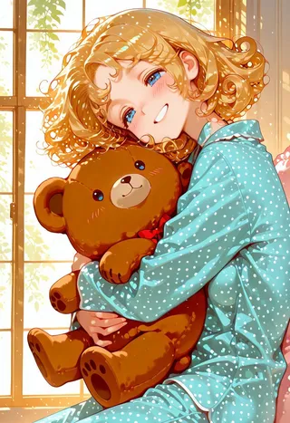 A smiling girl with curly golden blonde hair and blue eyes hugging a large teddy bear while wearing blue polka dot pajamas, sunlight streaming through a window behind her.