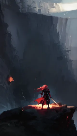 A figure clad in dark glowing red armor with flowing red hair stands poised on a cliff edge holding a sword, overlooking a shadowy village in a dramatic fantasy setting.