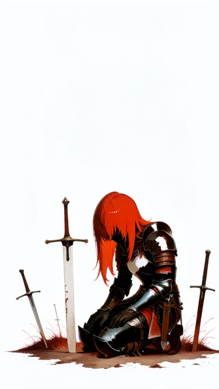 A Viking warrior woman with striking red hair kneeling on the ground in dark leather and metal armor, surrounded by three swords planted in the dirt.