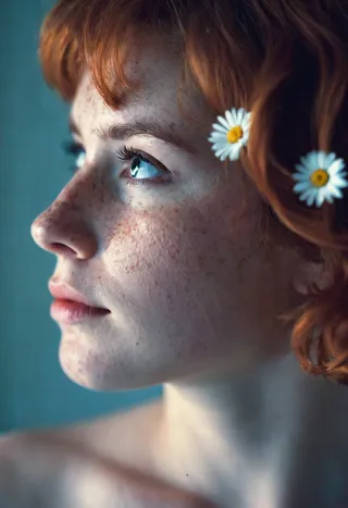 Close-up portrait of a young woman with pale skin and freckles, ginger hair adorned with small white daisy flowers, softly lit with shallow depth of field and film grain effect.
