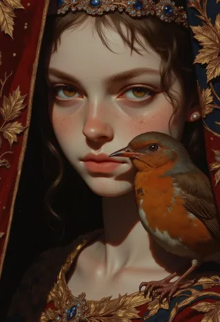 Close-up portrait of a girl with pale freckled skin wearing a deep burgundy velvet gown with gold floral embroidery, a silver circlet with sapphires, partially obscured by a sheer embroidered curtain, holding a European robin on her shoulder.