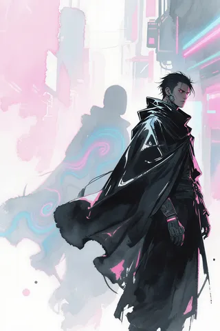 A cyberpunk ronin stands in a glossy black cloak with red glowing eyes, a spectral figure swirling behind him amid a neon-lit futuristic city backdrop.