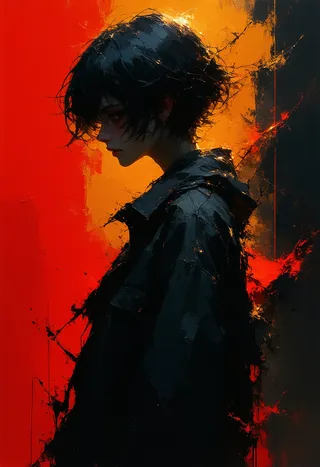 Side profile of a young person with black hair in a dark coat against a fiery orange-red background, rendered with angular linework and high-contrast chiaroscuro lighting blending stylized graphic intensity and soft digital realism.