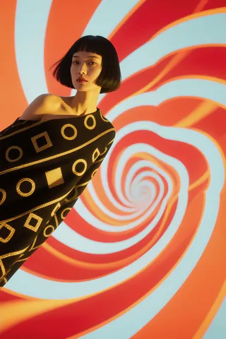 A woman in a black garment adorned with gold geometric shapes stands against a vivid spiraling red and white vortex background, styled with dramatic lighting and an avant-garde pose.