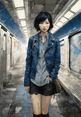 A young woman wearing a blue leather jacket and black shorts stands in a grimy, blue-toned subway station with detailed cracked tiles and faded walls.
