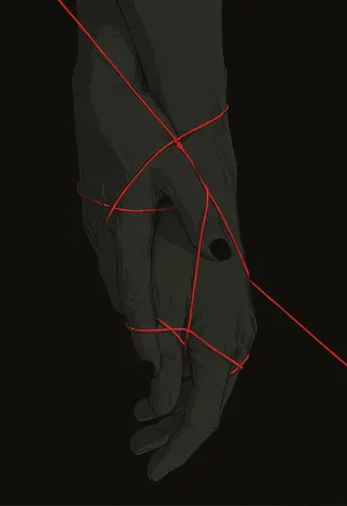 Two hands, one male and one female, intertwined and held together by a vivid red string of fate against a black background with anime-style shading.