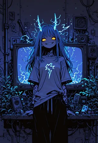 A glowing-eyed goddess of thunder with electric lightning horns stands confidently in front of an old TV emitting bright blue sparks and lightning in a dark room.