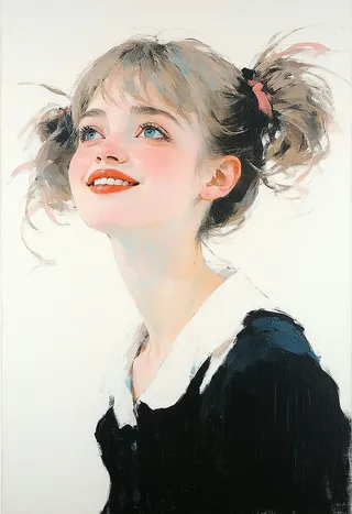 Portrait of a cherubic young woman with ash-blonde pigtails and blunt bangs, smiling shyly, painted with oil impasto in pastel colors and a crisp black dress.