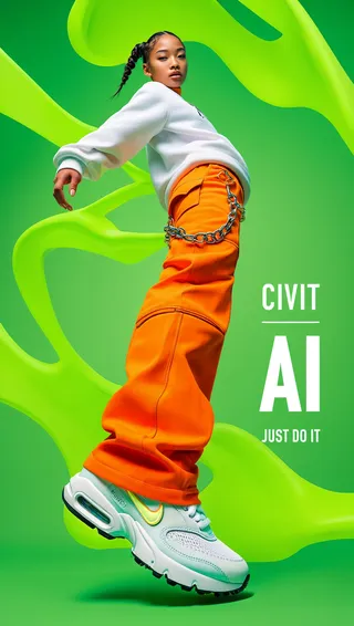 Young female model posing dynamically in white sweatshirt and bright orange cargo pants with metallic chains, set against a fluorescent green gradient background with neon green organic shapes, featuring a floating white Nike Air Max sneaker with a shadow, and bold white text on the right.