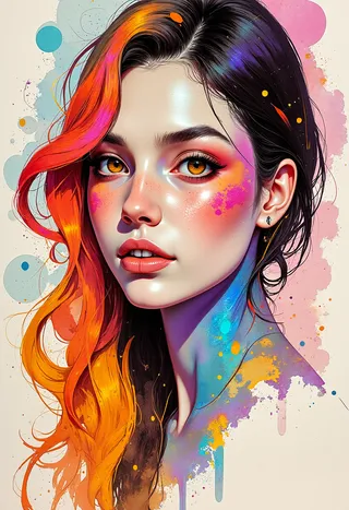 Vibrant digital portrait of a young woman with cascading colorful hair, glowing fair skin, amber eyes, and playful splashes of paint around her face and neck.